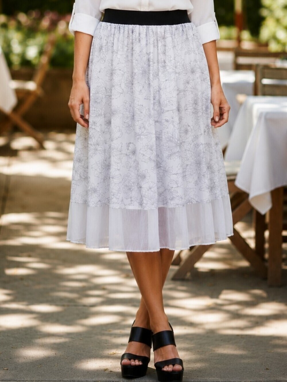 Lularoe Lola Black and White Floral Print Overlay Midi Skirt